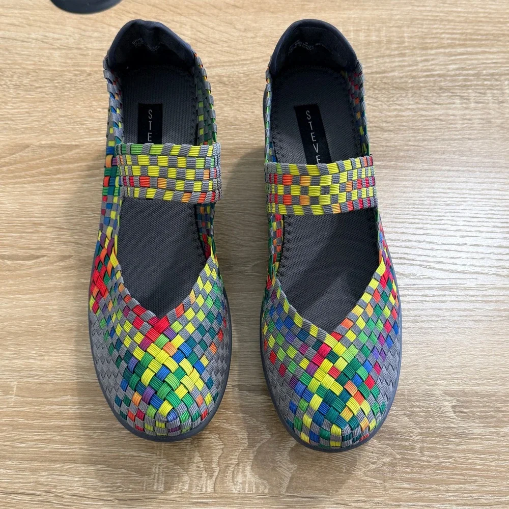 Steve Madden Brice Mary Jane Wedge Rainbow Woven Elastic Multi Size 9 Womens